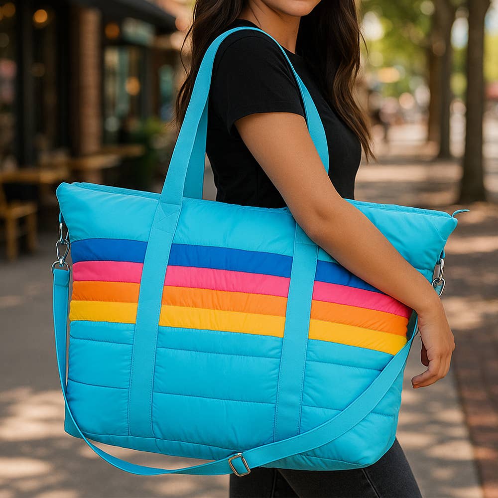 Blue Puffer Tote Bag Retro Stripe