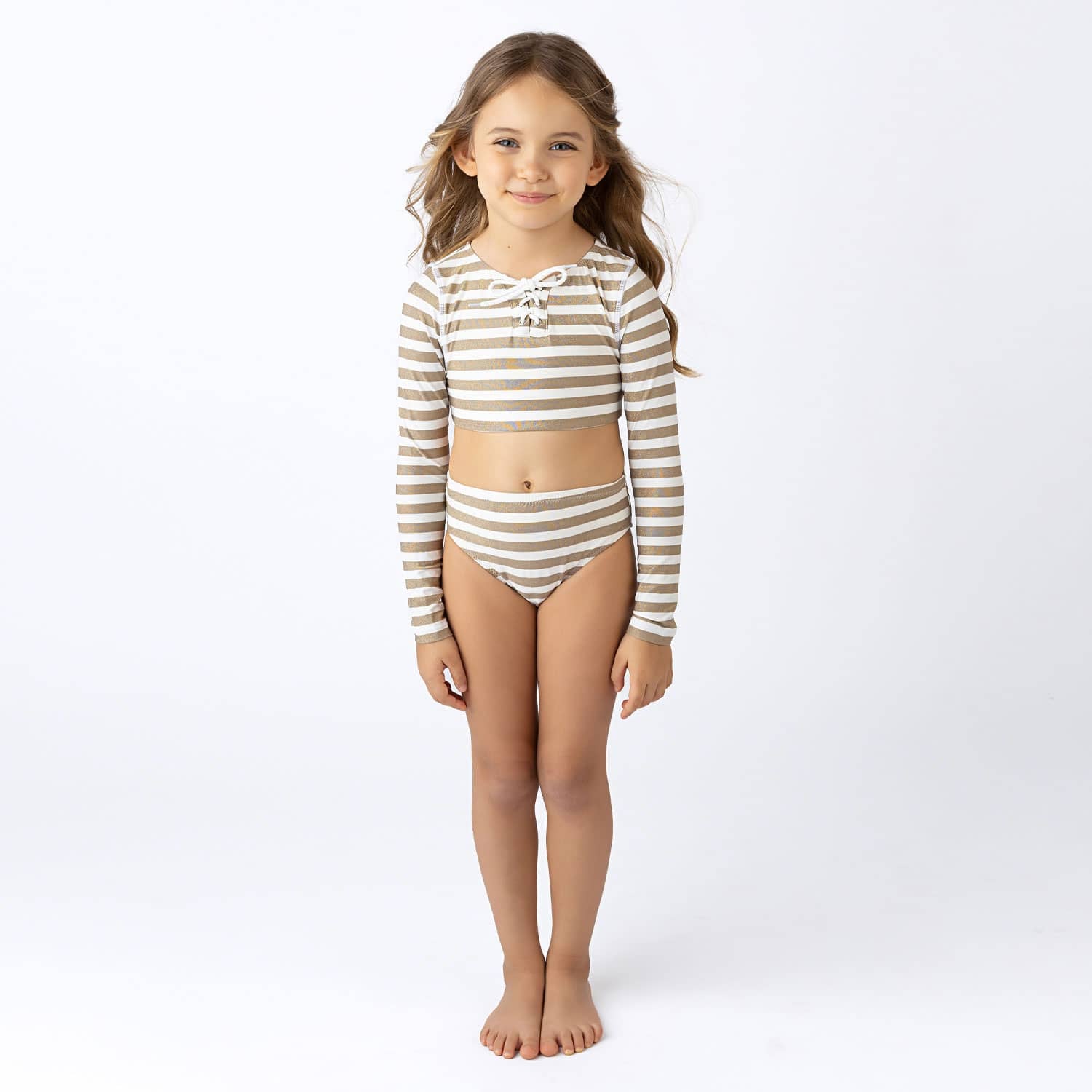 Gold Stripe Lace Up Cropped Rashguard Swim Set