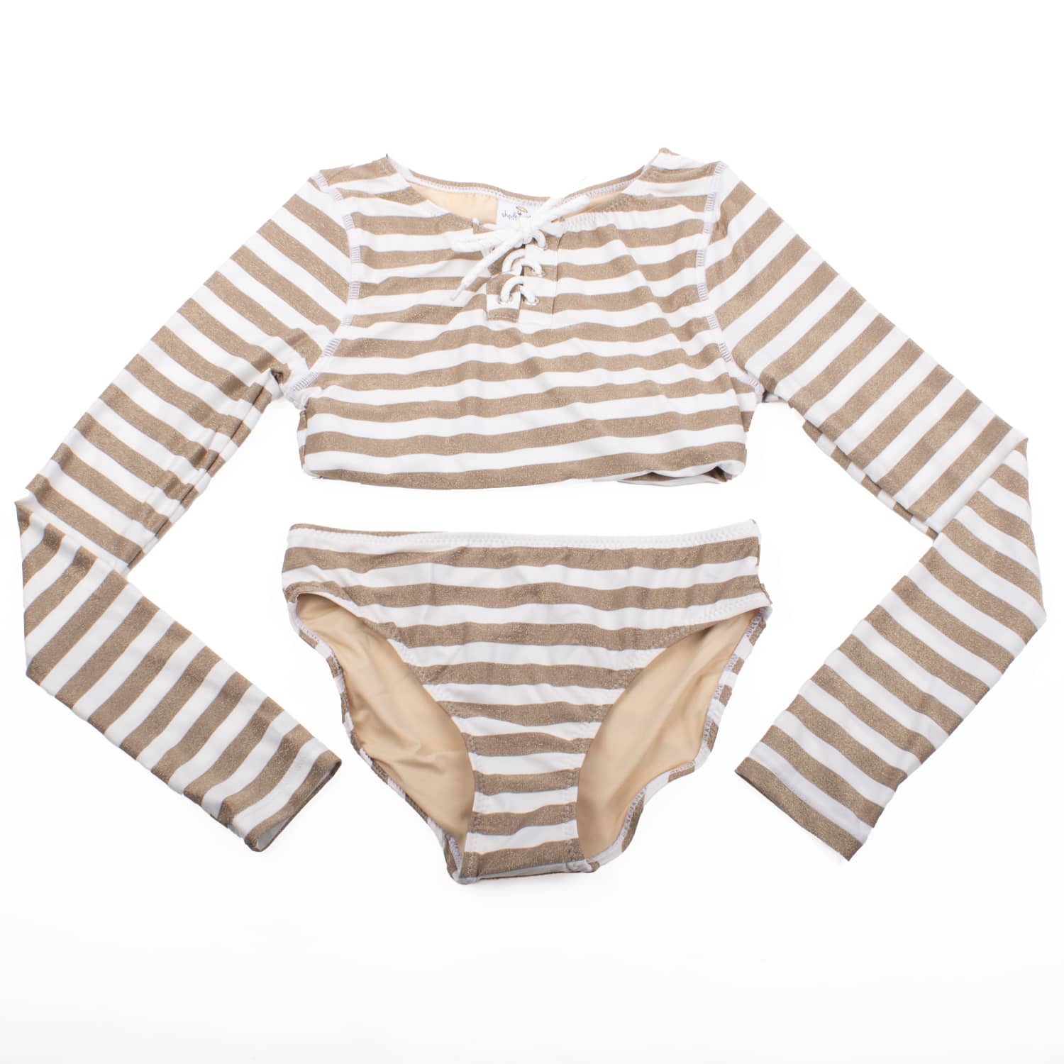 Gold Stripe Lace Up Cropped Rashguard Swim Set