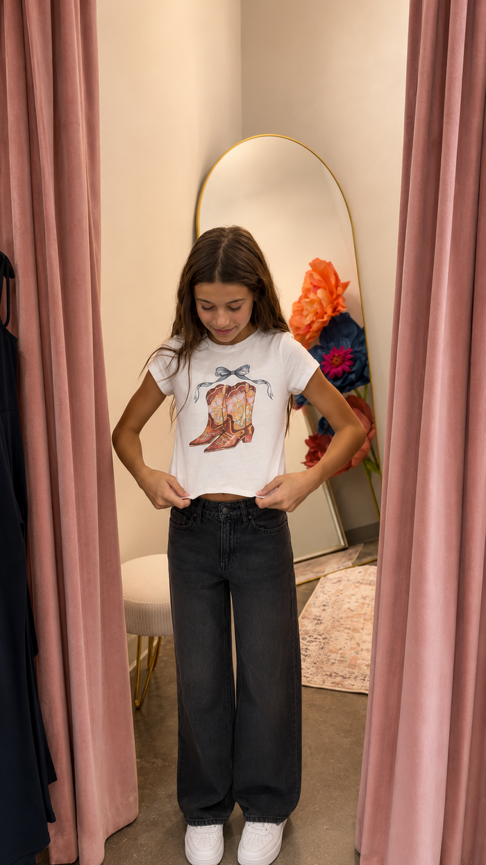 Tween Girly Boots Boxy Graphic Baby Tee