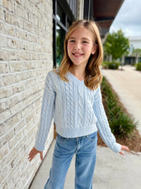 Sky Blue Cable Knit V-Neck Sweater