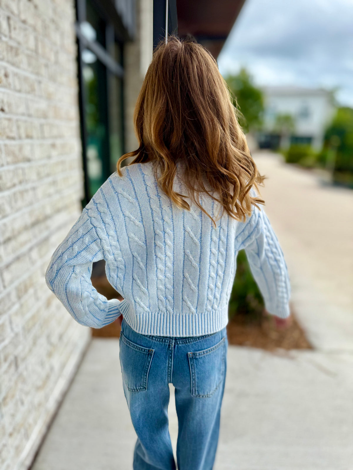 Sky Blue Cable Knit V-Neck Sweater