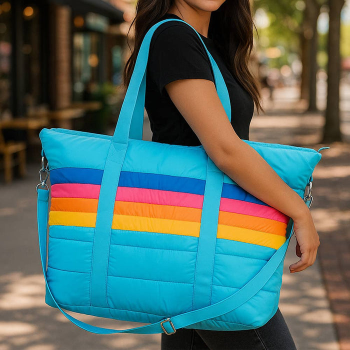 Blue Puffer Tote Bag Retro Stripe