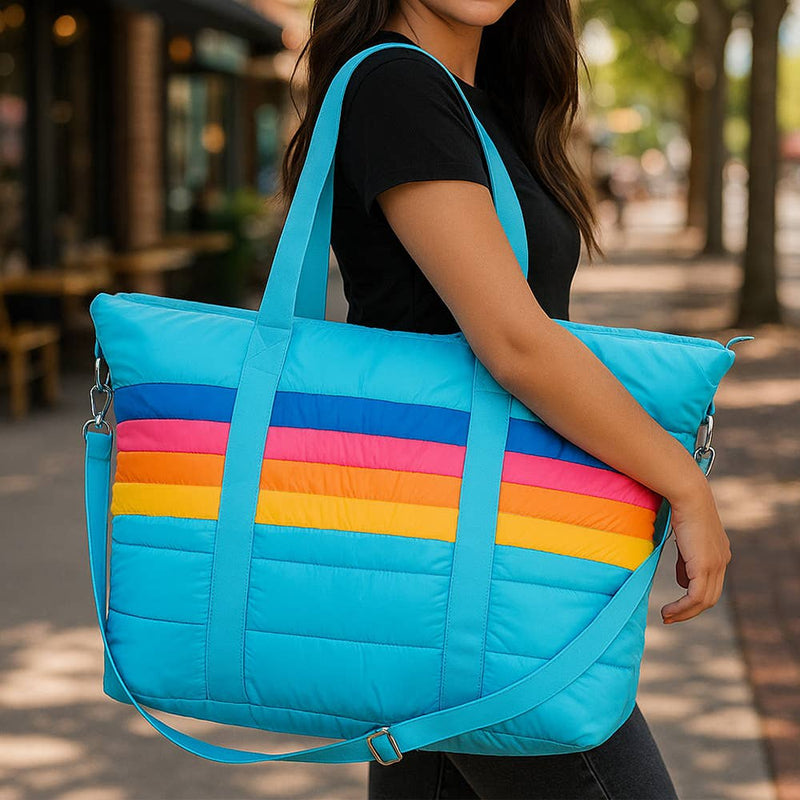 Blue Puffer Tote Bag Retro Stripe