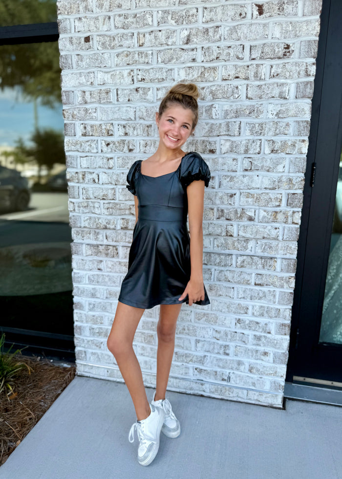 Vegan Leather Puff Sleeve Dress