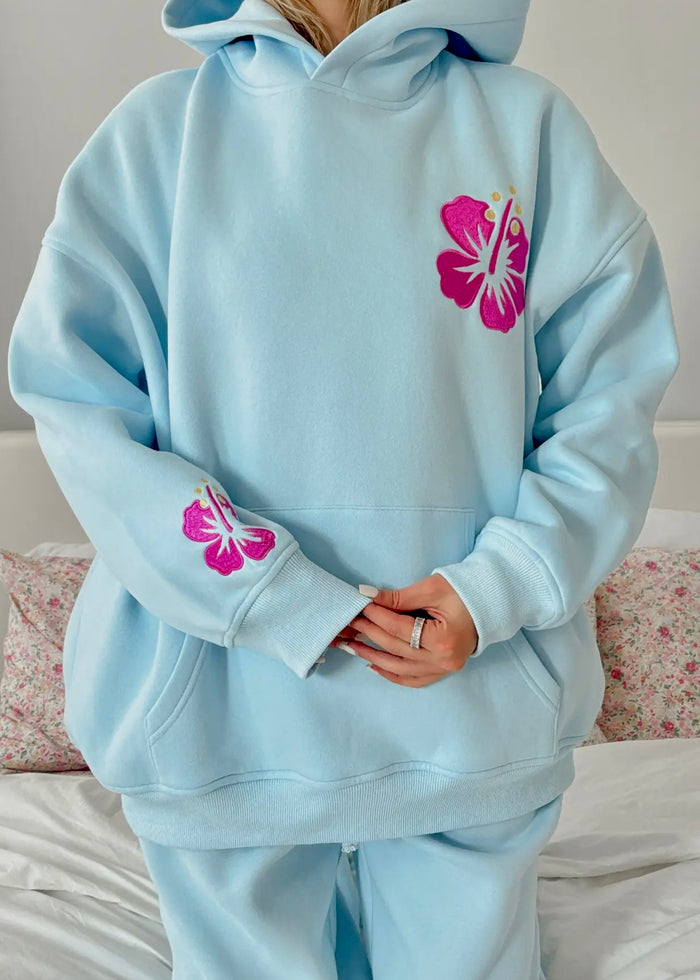 Icy Blue Hibiscus Flower Beach Babe Embroider Hoodie