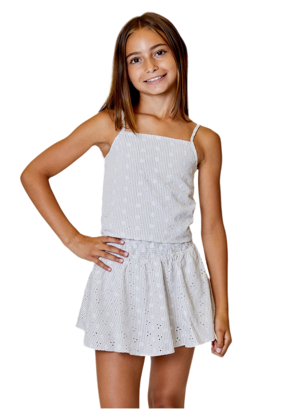 Beige Stripe Floral Eyelet Top