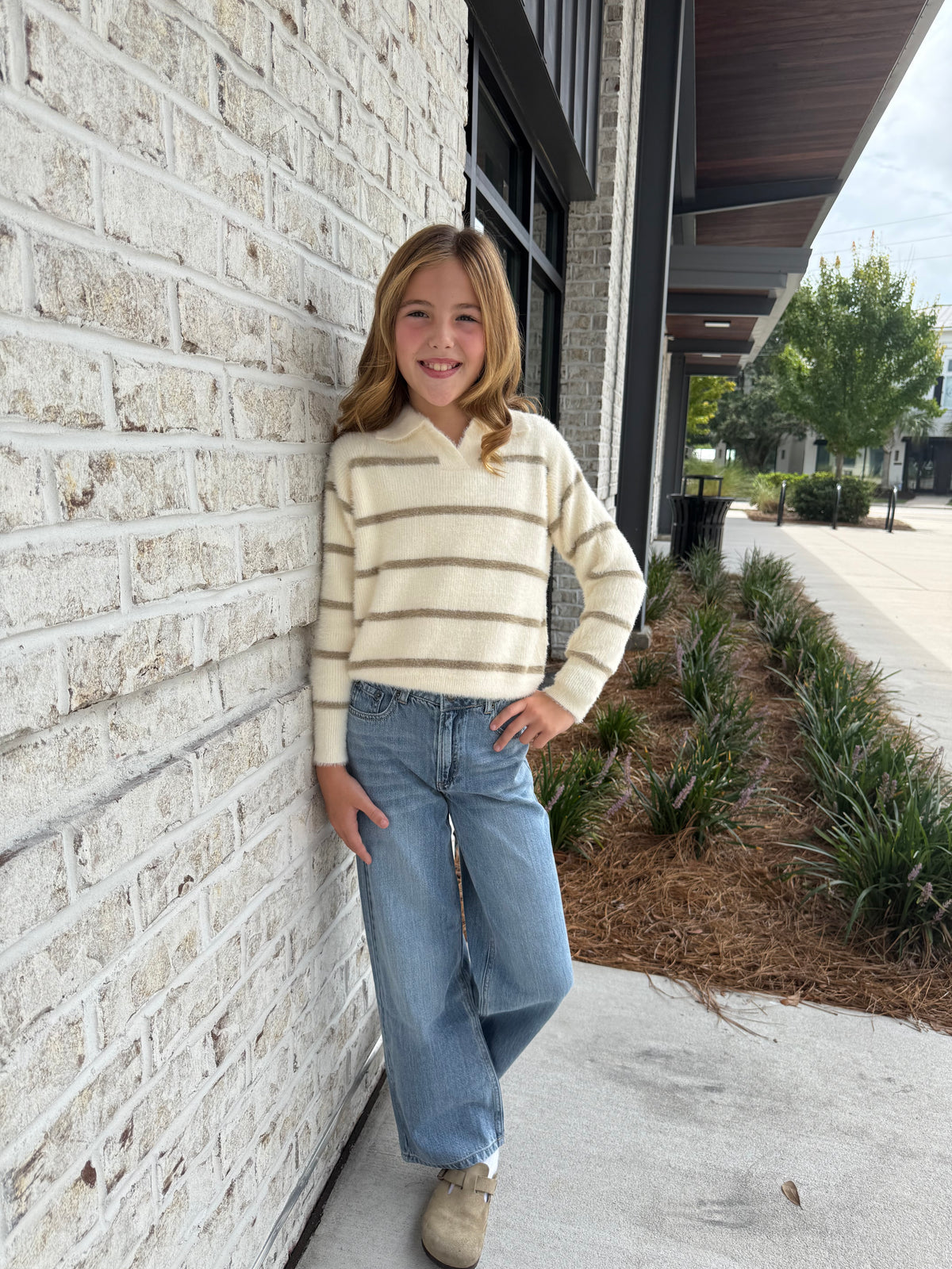Fuzzy Stripe Polo Sweater