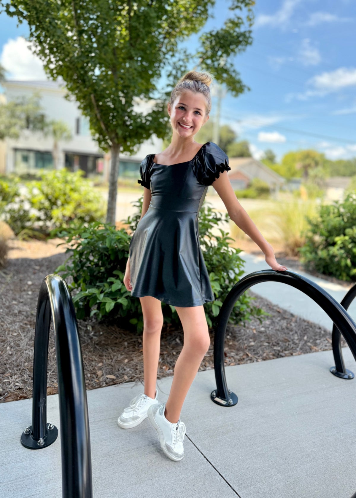 Vegan Leather Puff Sleeve Dress - Girls Dress by FBZ Small (6/8) Vegan Leather Puff Sleeve Dress - Girls Dress by FBZ Small (6/8)