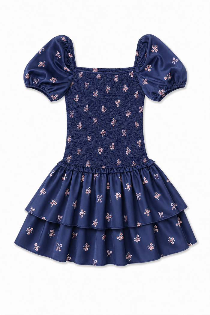 Lexi Rose Bow Navy Satin Smocked Short Sleeve Ruffle Dress
