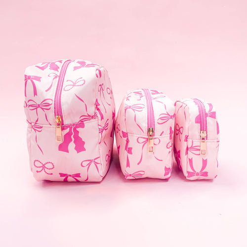 Pink Bows Nylon Cosmetic Zipper Bag