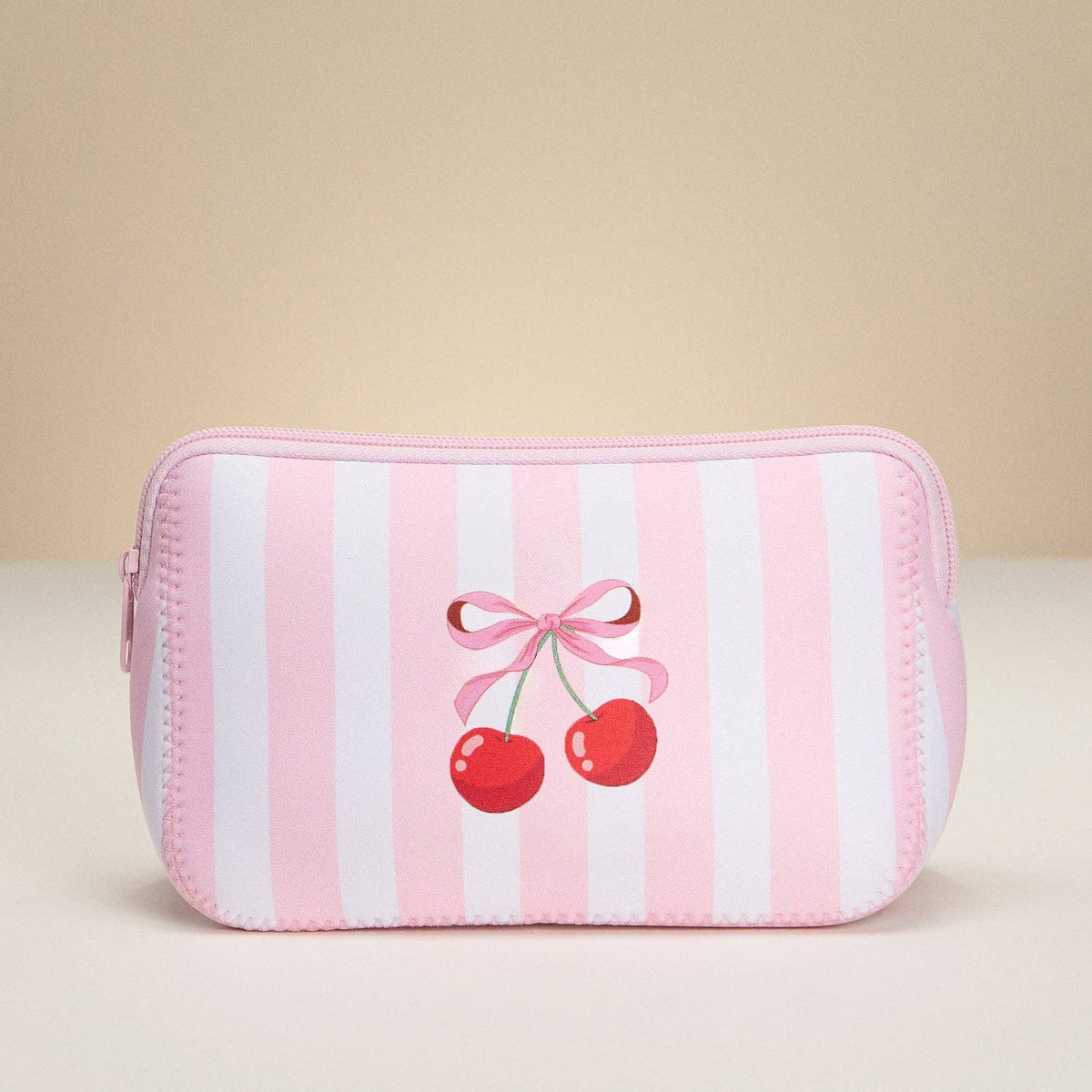 Neoprene Cherry Bow Stripe Makeup Bag