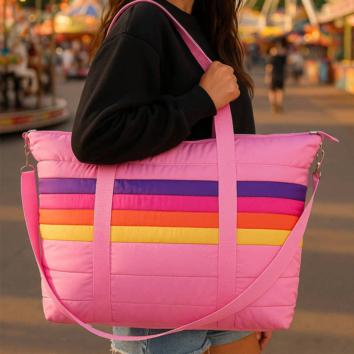 Pink Puffer Tote Bag Retro Stripe
