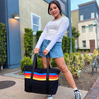 Black Puffer Tote Bag Retro Stripe