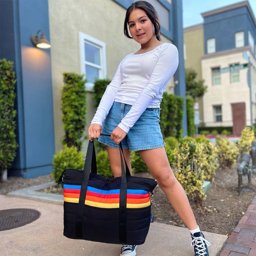 Black Puffer Tote Bag Retro Stripe