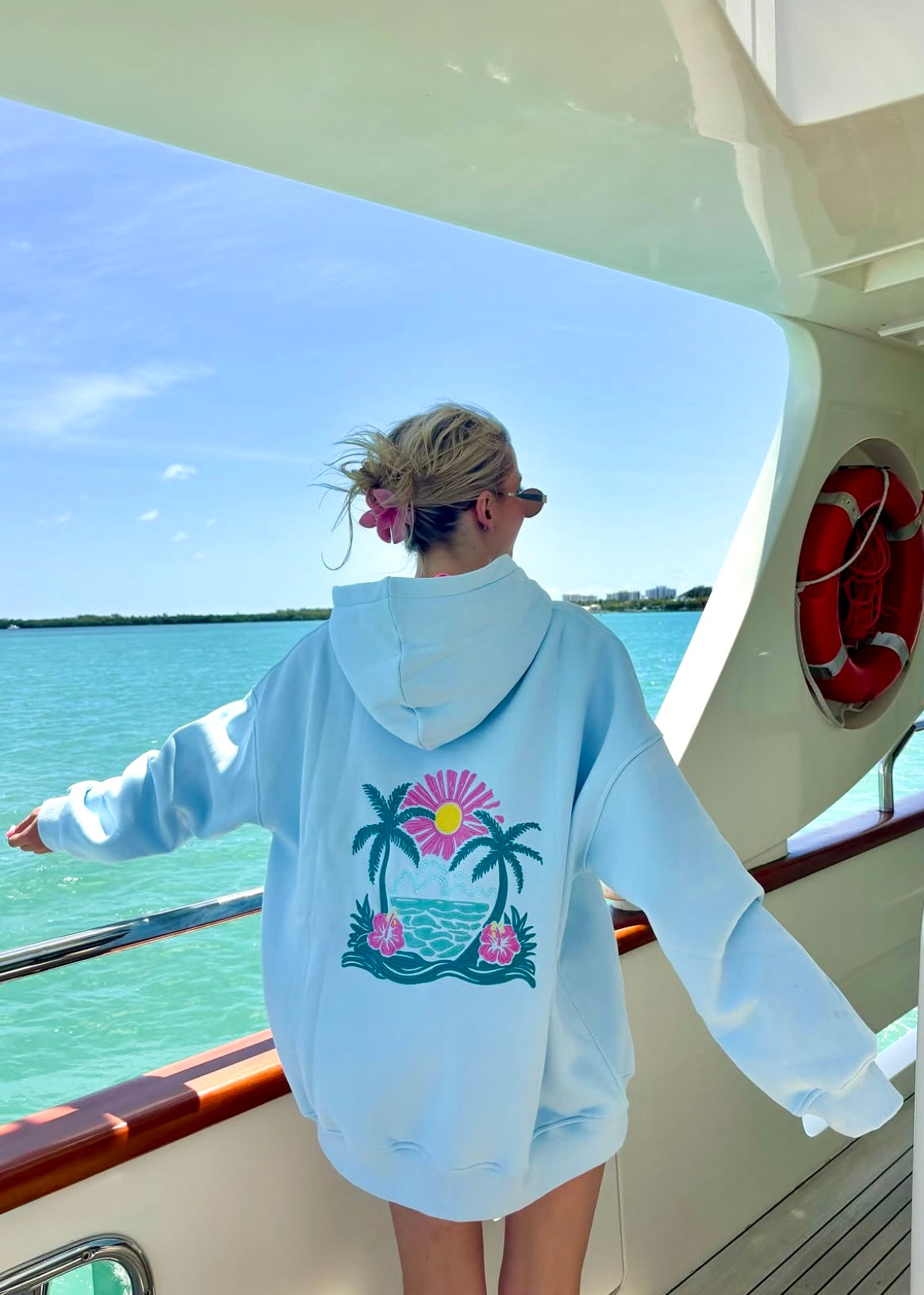Icy Blue Hibiscus Flower Beach Babe Embroider Hoodie