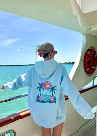 Icy Blue Hibiscus Flower Beach Babe Embroider Hoodie
