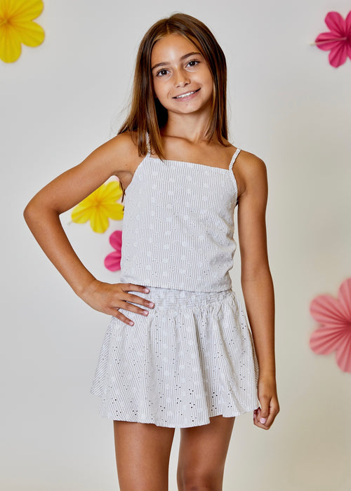 Beige Stripe Floral Eyelet Top