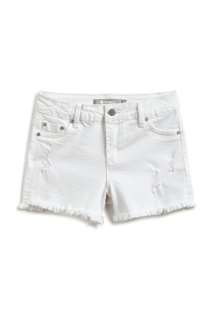 Classic white denim shorts with frayed hem for girls, tween everyday casual wear, sizes 7-14"