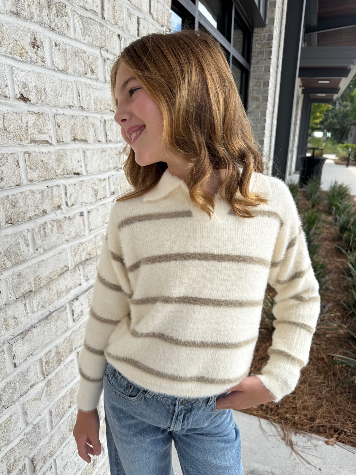 Fuzzy Stripe Polo Sweater