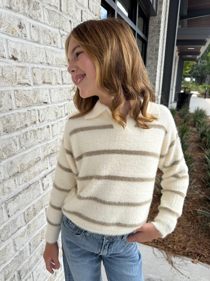 Fuzzy Stripe Polo Sweater