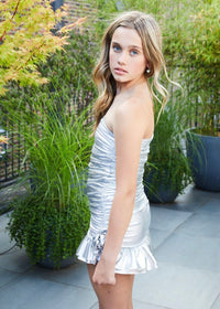 Silvie Silver Lame Ruffle Rose Dress