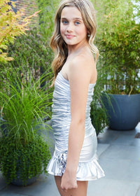 Silvie Silver Lame Ruffle Rose Dress