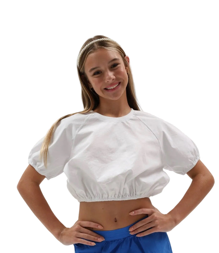 Tenly White Poplin Raglan Bubble Crop Top