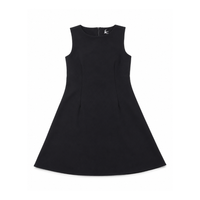 A black sleeveless A-line dress with a round neckline and a small white logo on the upper right chest, displayed flat against a solid white background at Scraps Of Magic Tween Boutique 