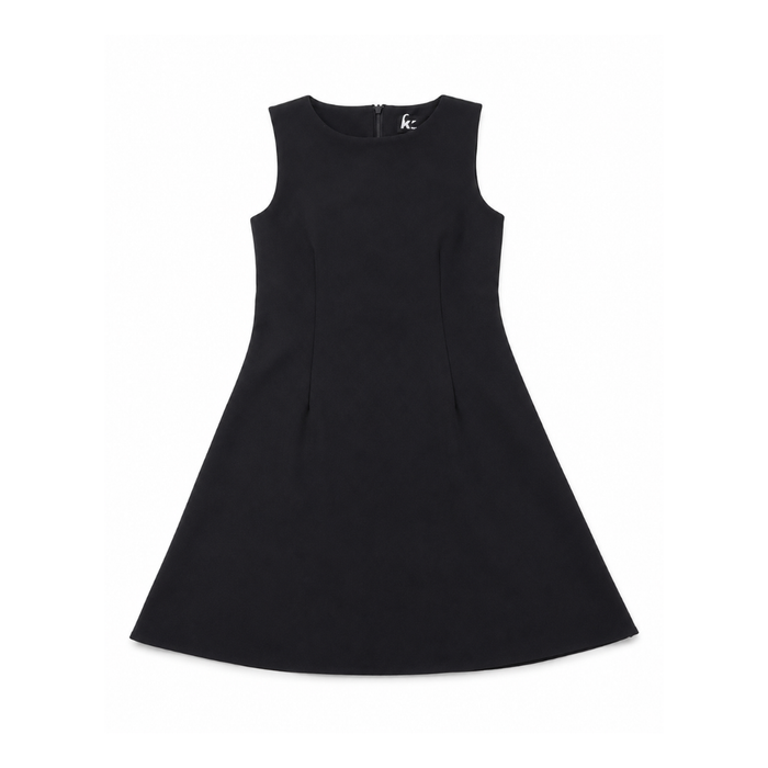 A black sleeveless A-line dress with a round neckline and a small white logo on the upper right chest, displayed flat against a solid white background at Scraps Of Magic Tween Boutique 