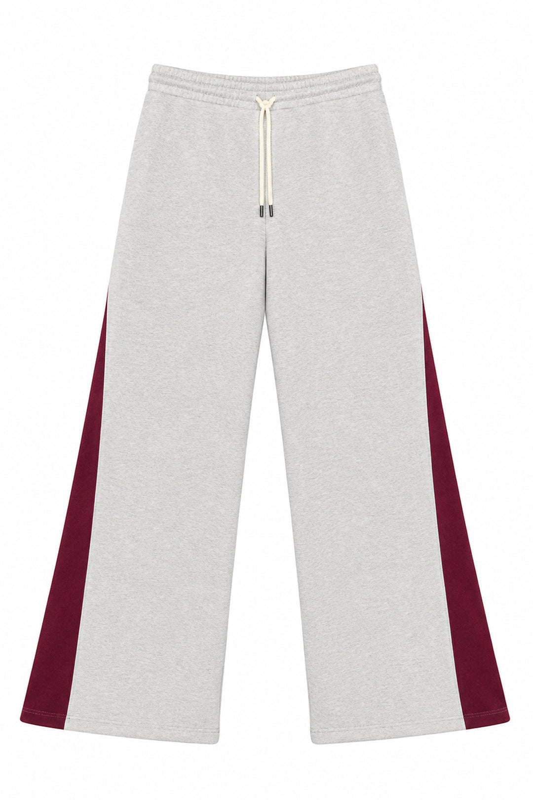 Light heather gray wide-leg sweatpants with burgundy side panels and a cream drawstring, shown flat on a white background. Scraps Of Magic. 
