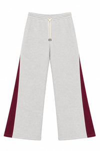 Light heather gray wide-leg sweatpants with burgundy side panels and a cream drawstring, shown flat on a white background. Scraps Of Magic. 