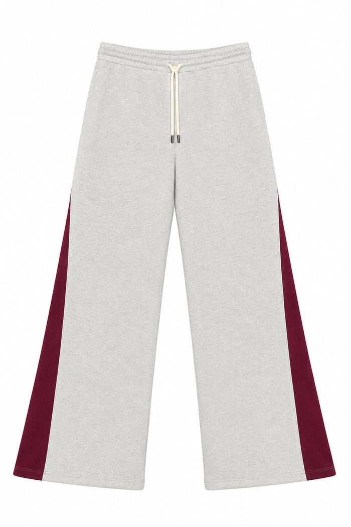 Light heather gray wide-leg sweatpants with burgundy side panels and a cream drawstring, shown flat on a white background. Scraps Of Magic. 