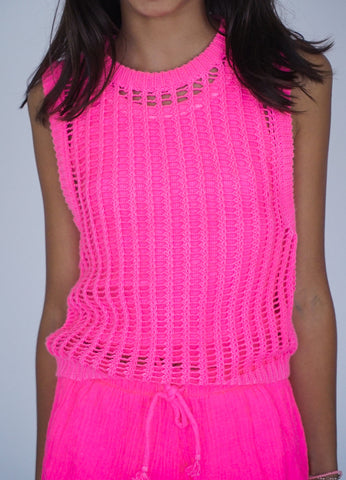 Neon Pink/Silver Ribbed Flutter Top