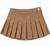 Jane Caramel Brown Vegan Leather Pleated Skort