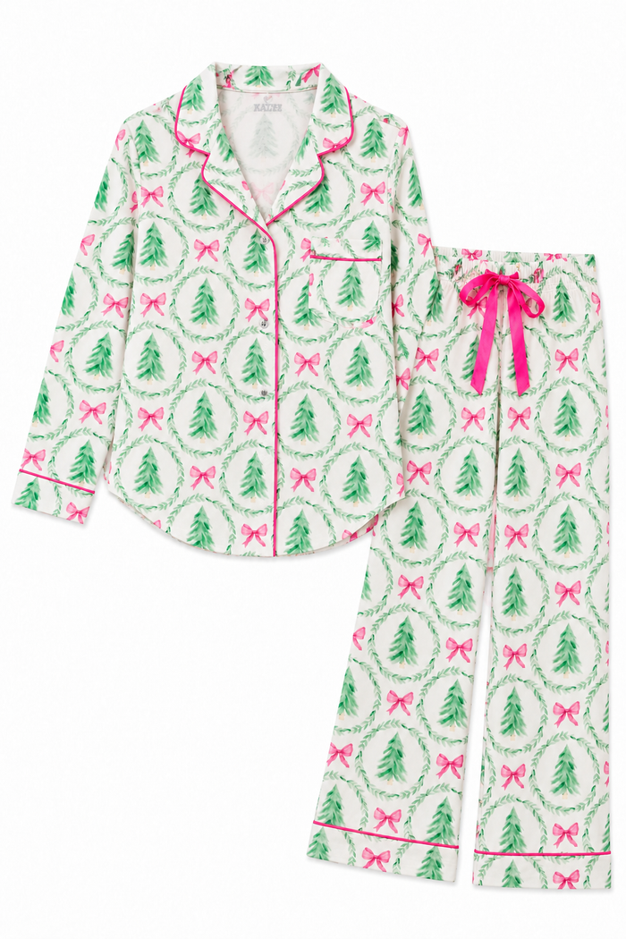 Junior Maia Printed Lounge Set-Green Pink Bow Wreath