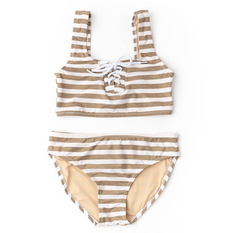 Gold Stripe Lace Up Cropped Rashguard Swim Set