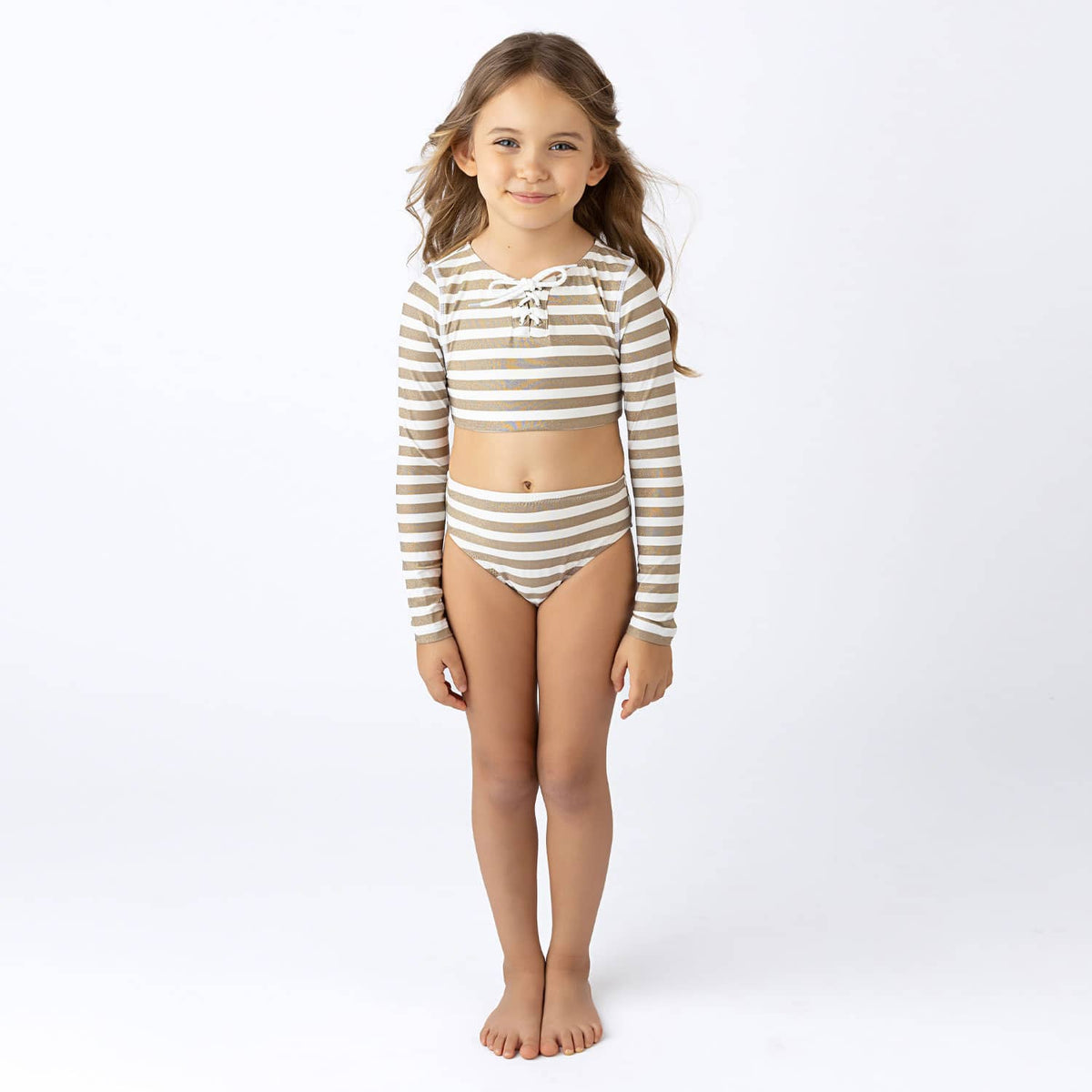 Gold Stripe Lace Up Cropped Rashguard Swim Set