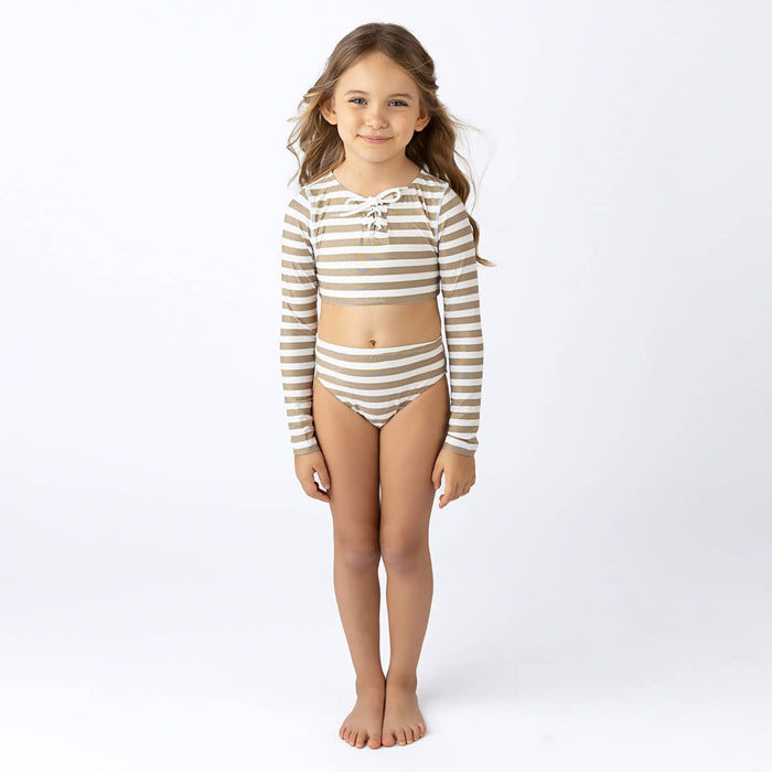 Gold Stripe Lace Up Cropped Rashguard Swim Set