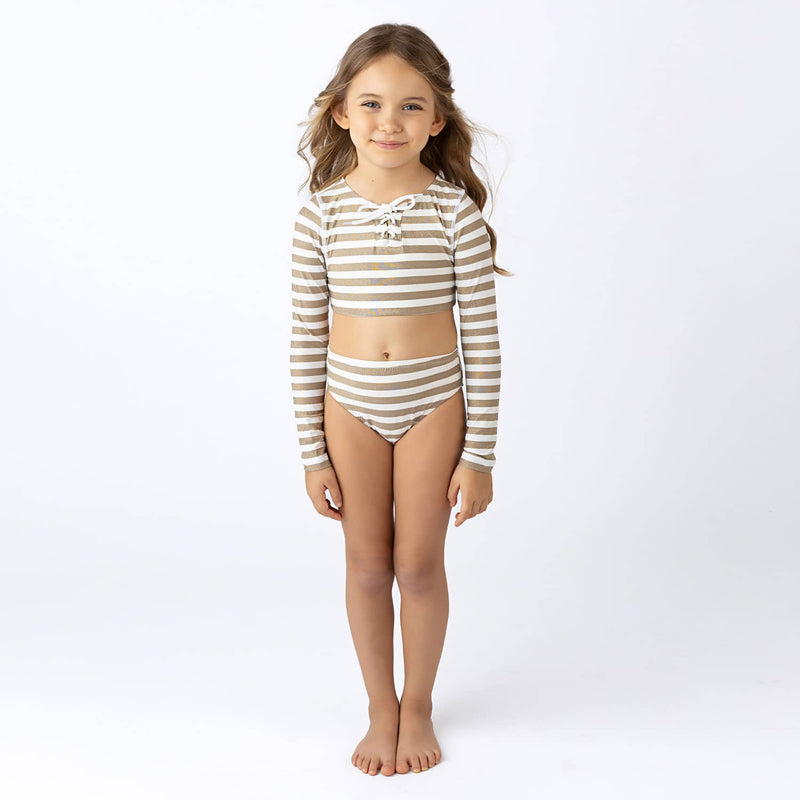 Gold Stripe Lace Up Cropped Rashguard Swim Set