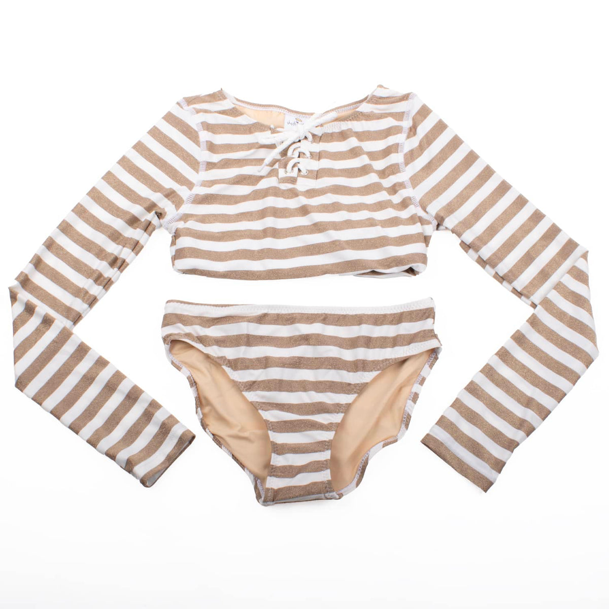 Gold Stripe Lace Up Cropped Rashguard Swim Set