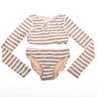 Gold Stripe Lace Up Cropped Rashguard Swim Set