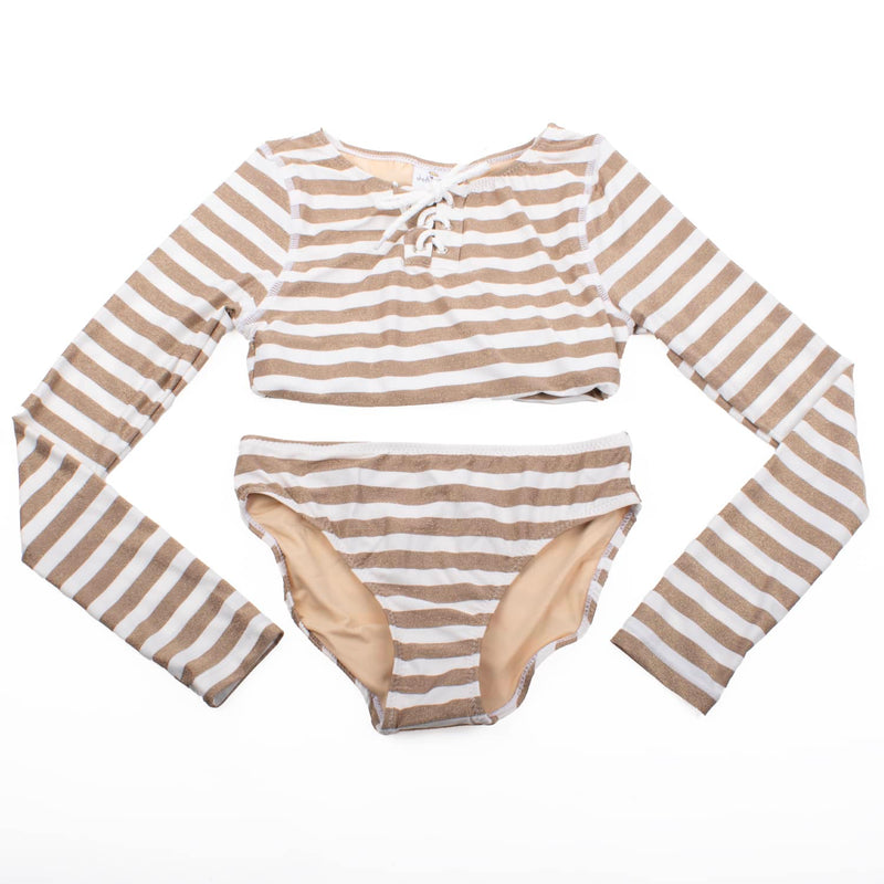 Gold Stripe Lace Up Cropped Rashguard Swim Set