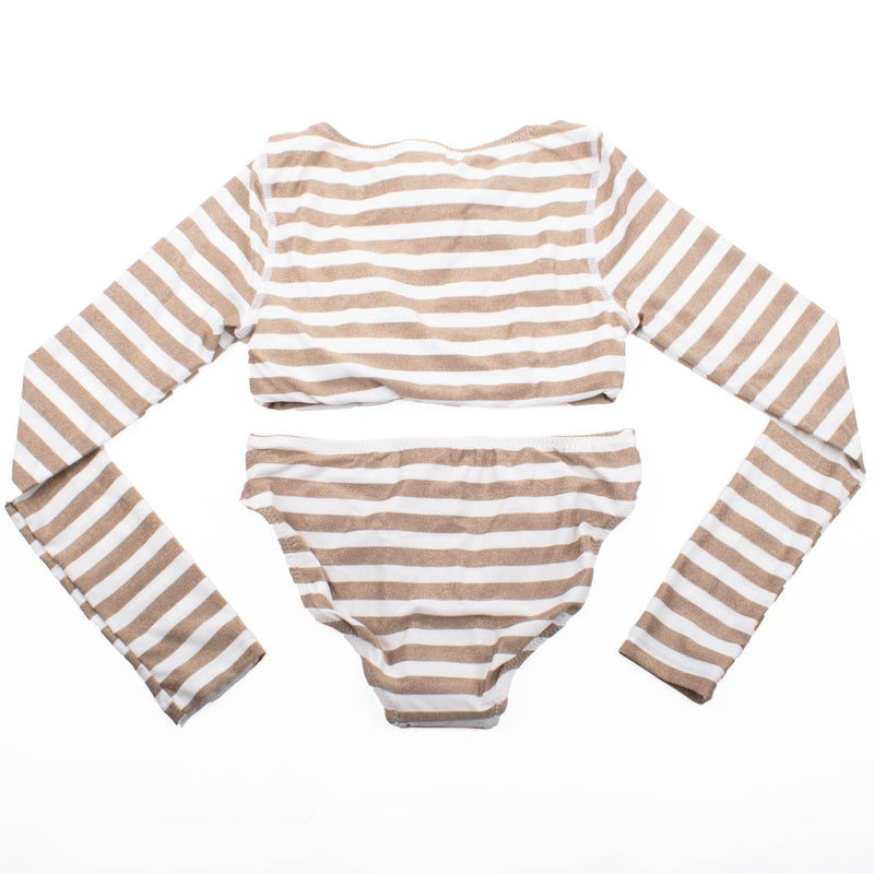 Gold Stripe Lace Up Cropped Rashguard Swim Set