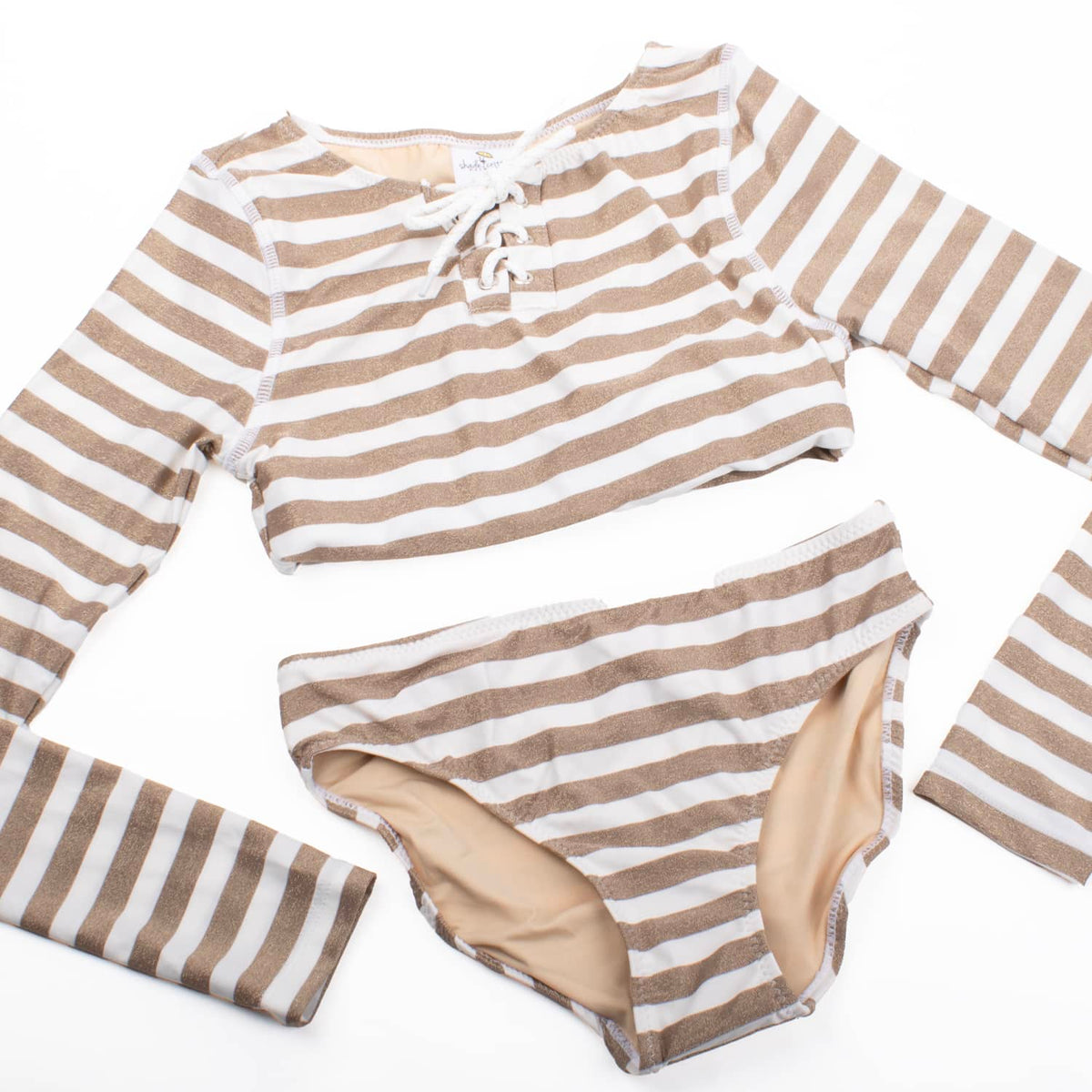 Gold Stripe Lace Up Cropped Rashguard Swim Set