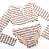 Gold Stripe Lace Up Cropped Rashguard Swim Set