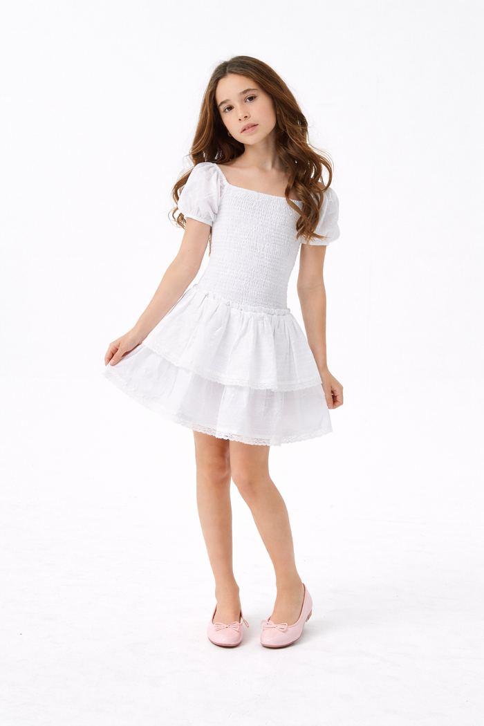 White Heart Smocked Ruffle Dress