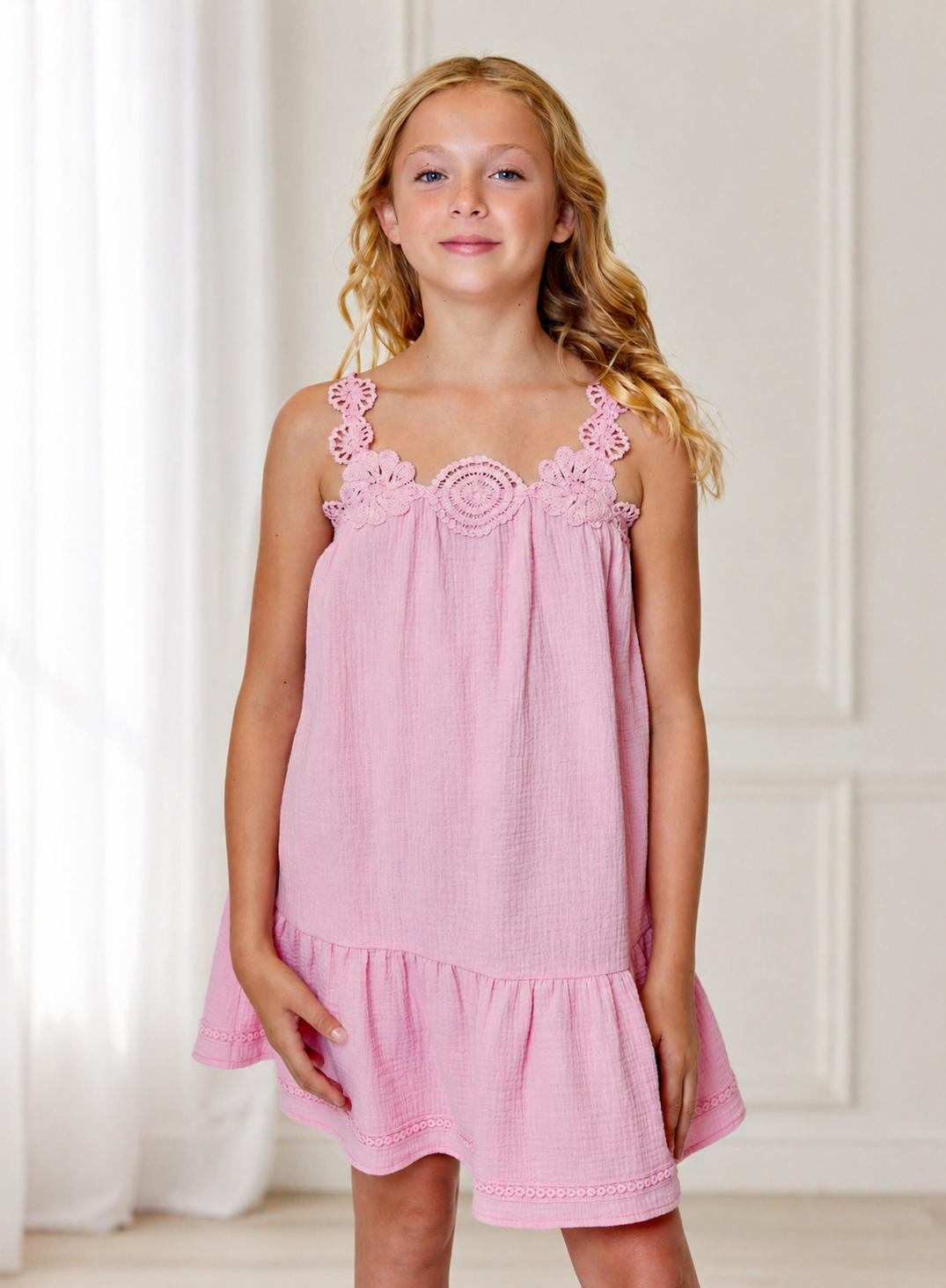 Design History Girls Pink Crochet Trim Swing Dress Large (12)