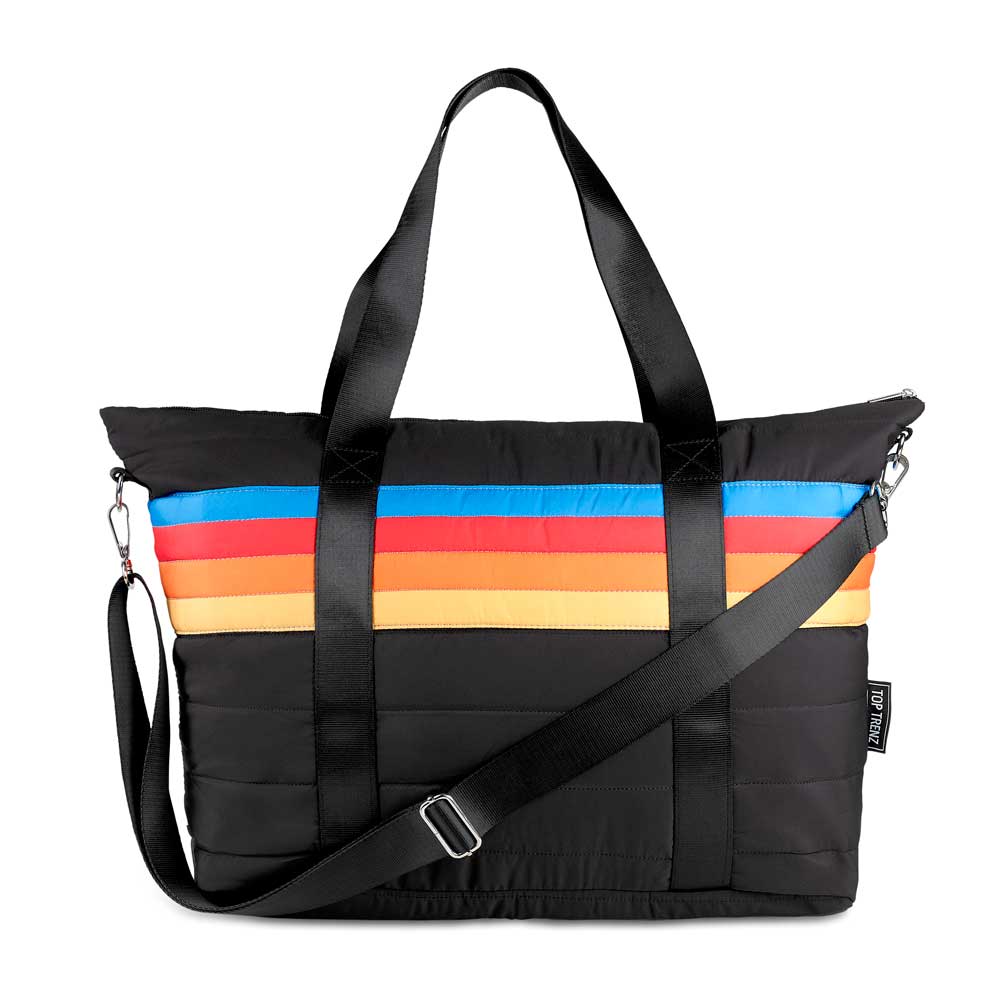 Black Puffer Tote Bag Retro Stripe