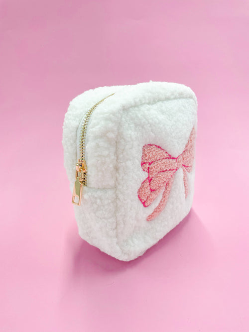 Pink Bow Teddy Cosmetic Zipper Bag - Small